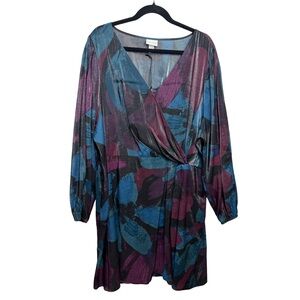 Ava & Viv Floral Faux Wrap Long sleeve Dress Metallic Lightweight Plus Size 3X